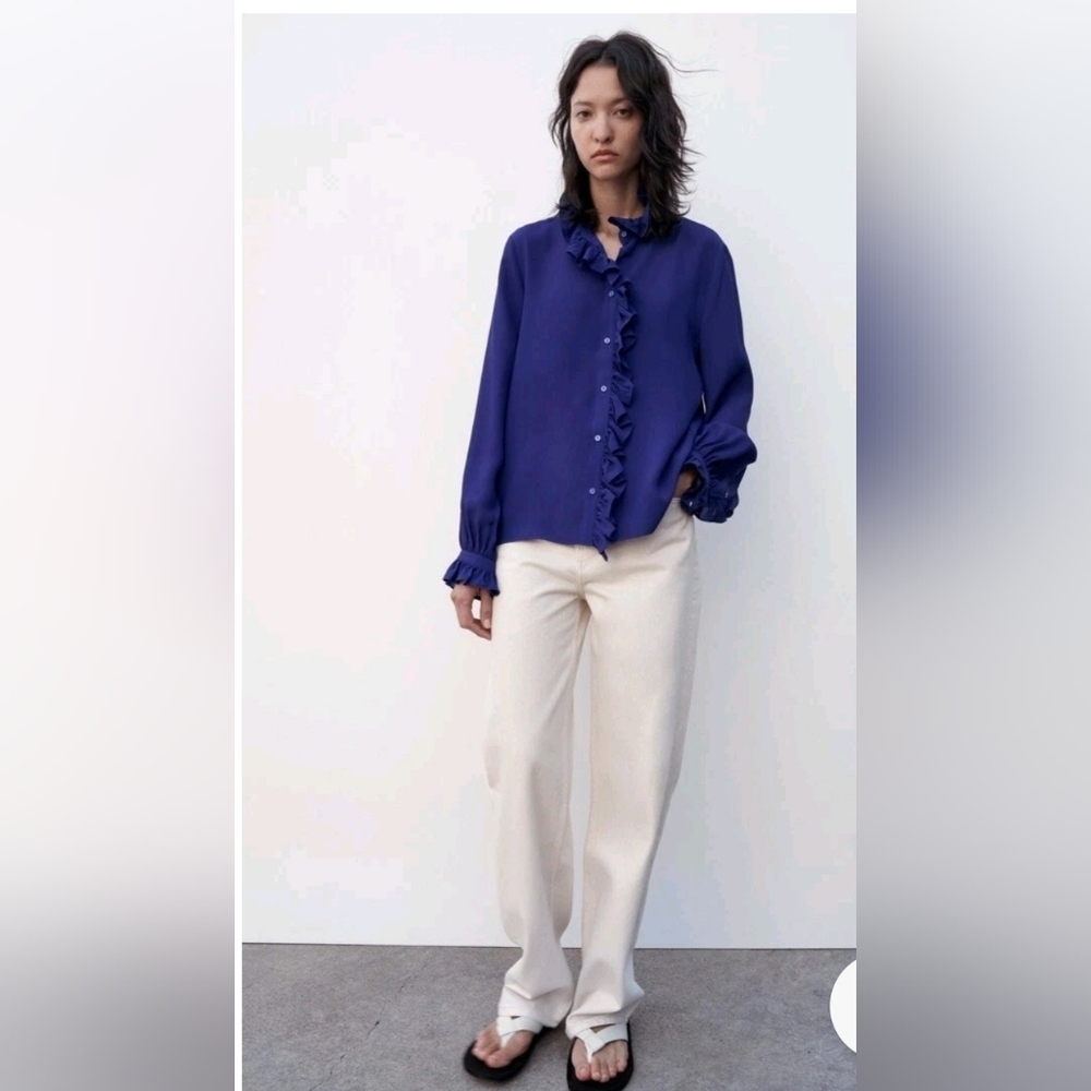 Zara Blue Fluid Ruffle Blouse size XS